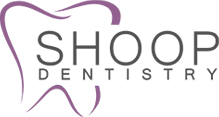 purple outline of a tooth with text Shoop Dentistry in the middle